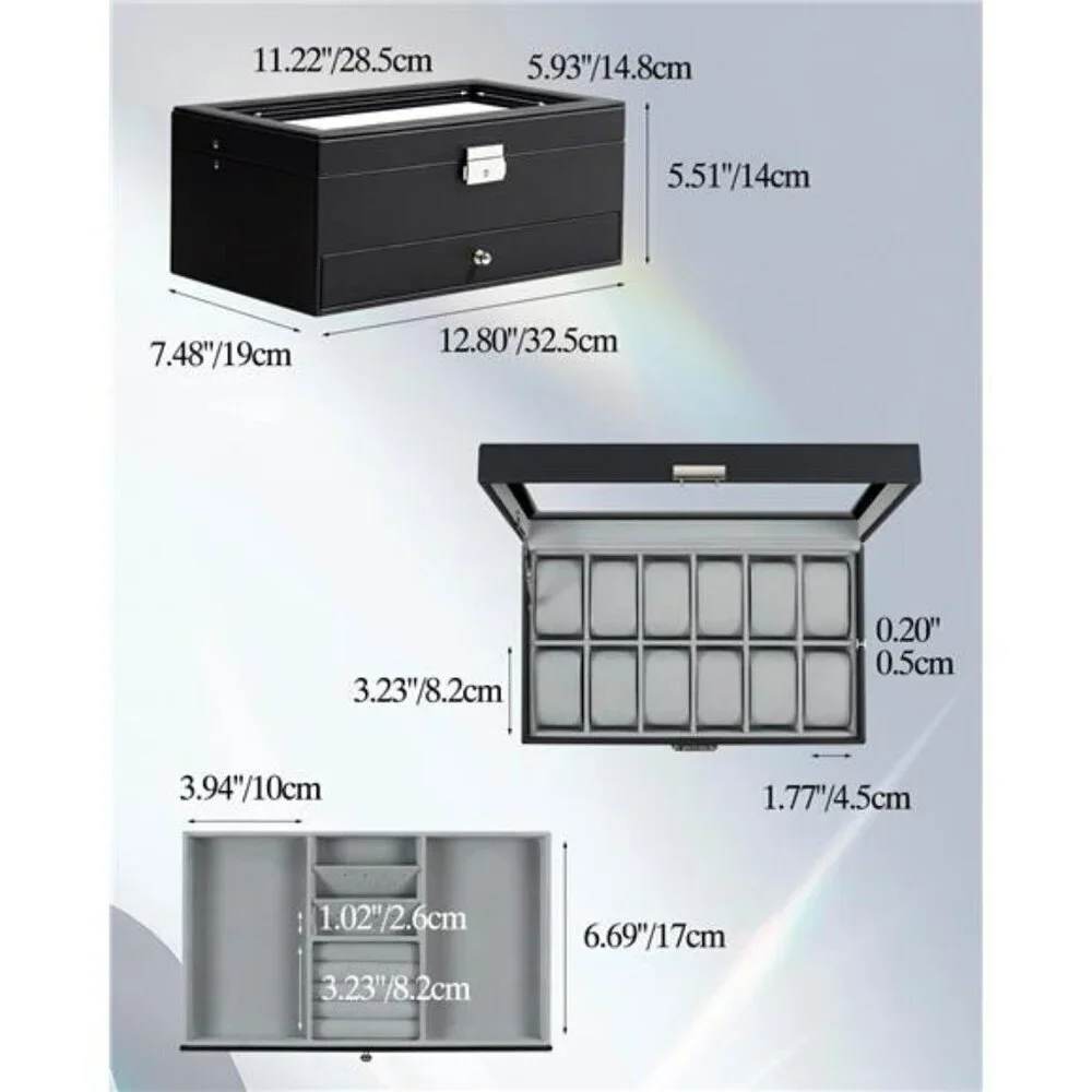 Watch Box Organizer 12 Slot Glass Lid Leather Jewelry Case for Men Women